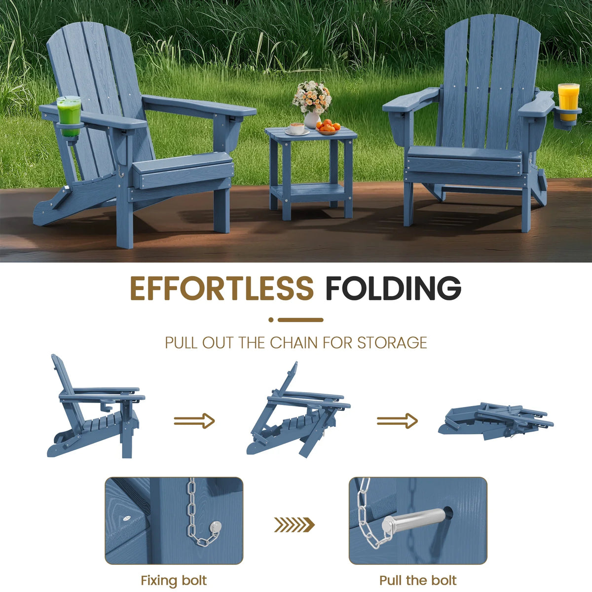 SERWALL Outdoor Adjustable Folding HDPE Adirondack Chairs Set of 2 with Cup Holder, Gray