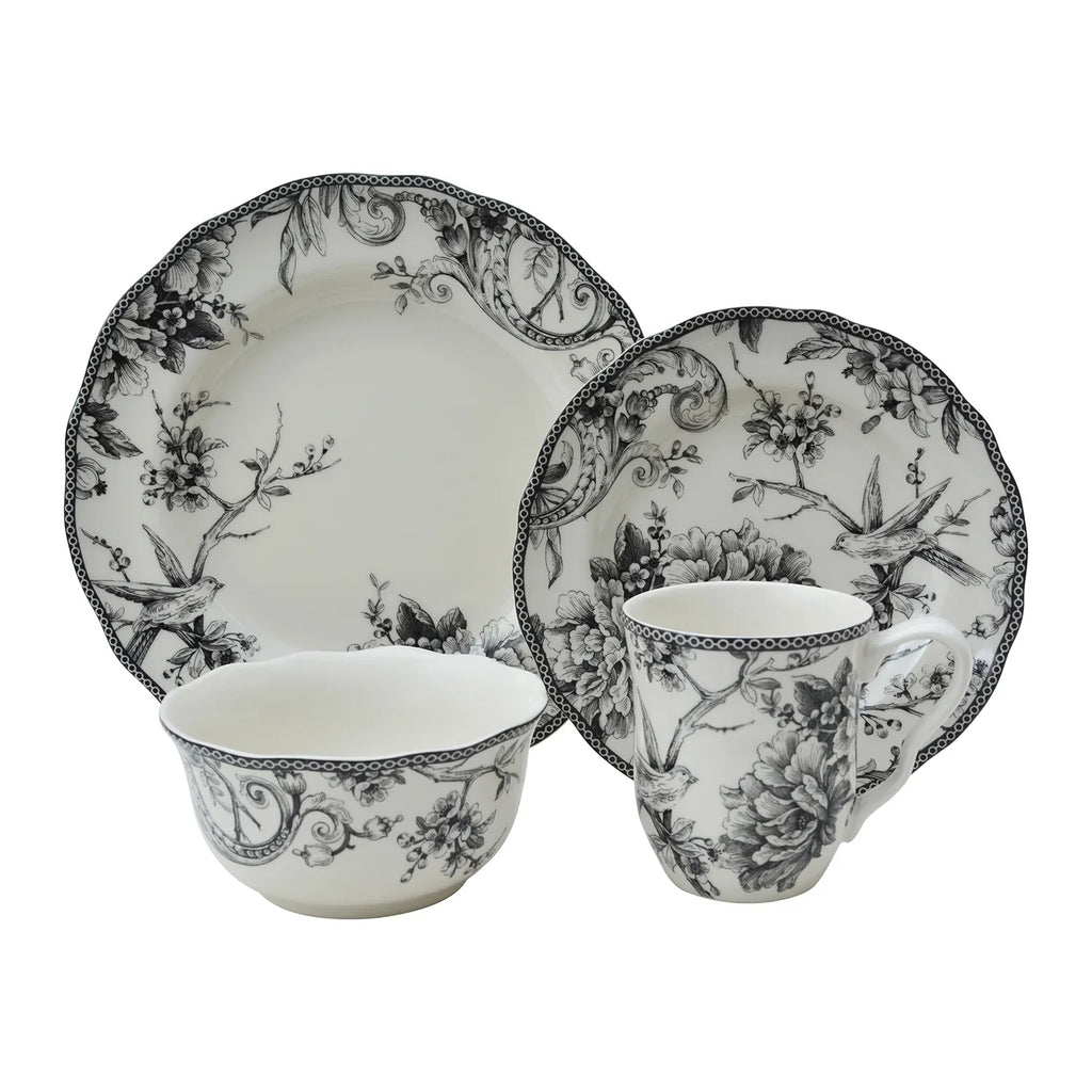 222 Fifth Adelaide Round 16-Piece Porcelain Dinnerware Set, Black Toile