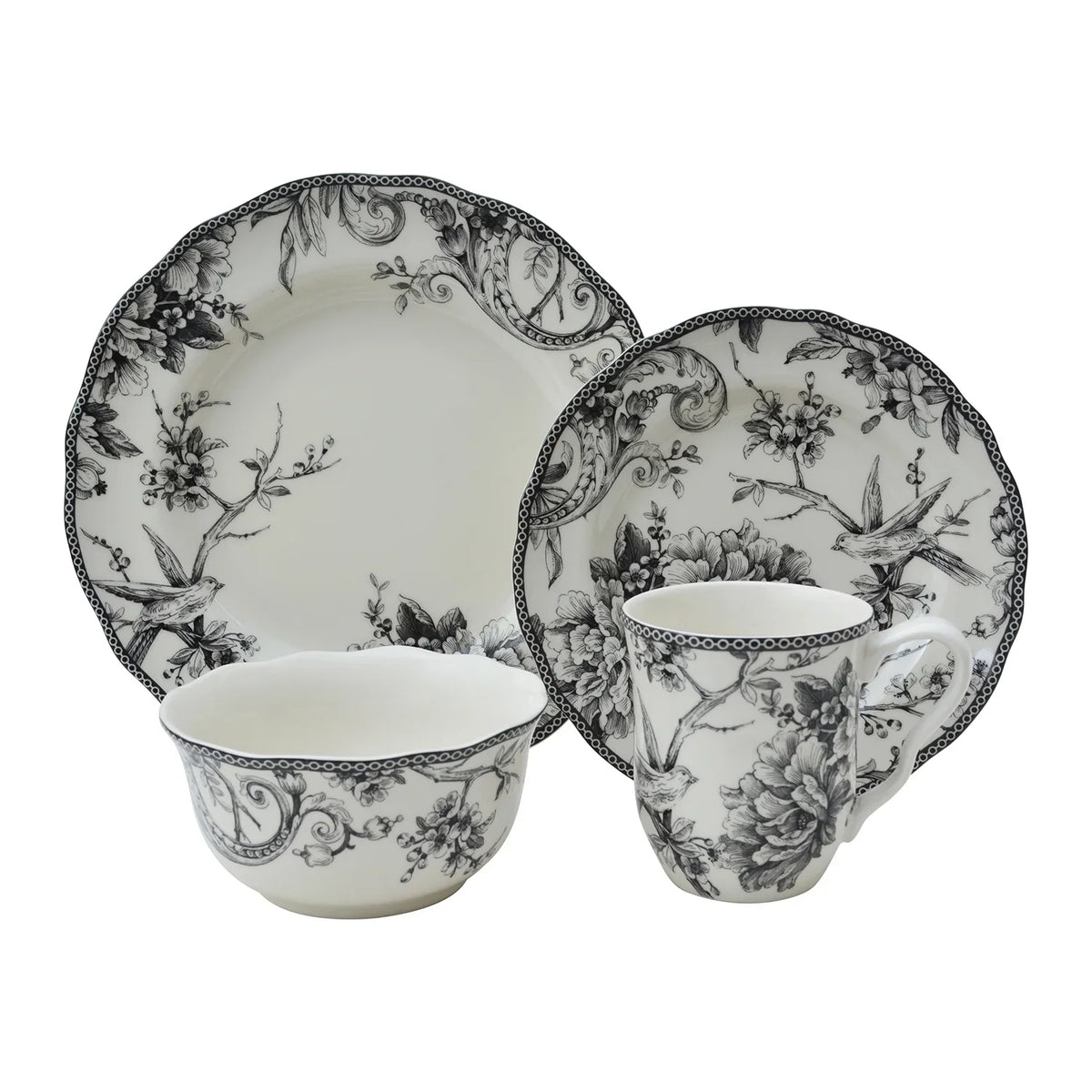 222 Fifth Adelaide Round 16-Piece Porcelain Dinnerware Set, Black Toile
