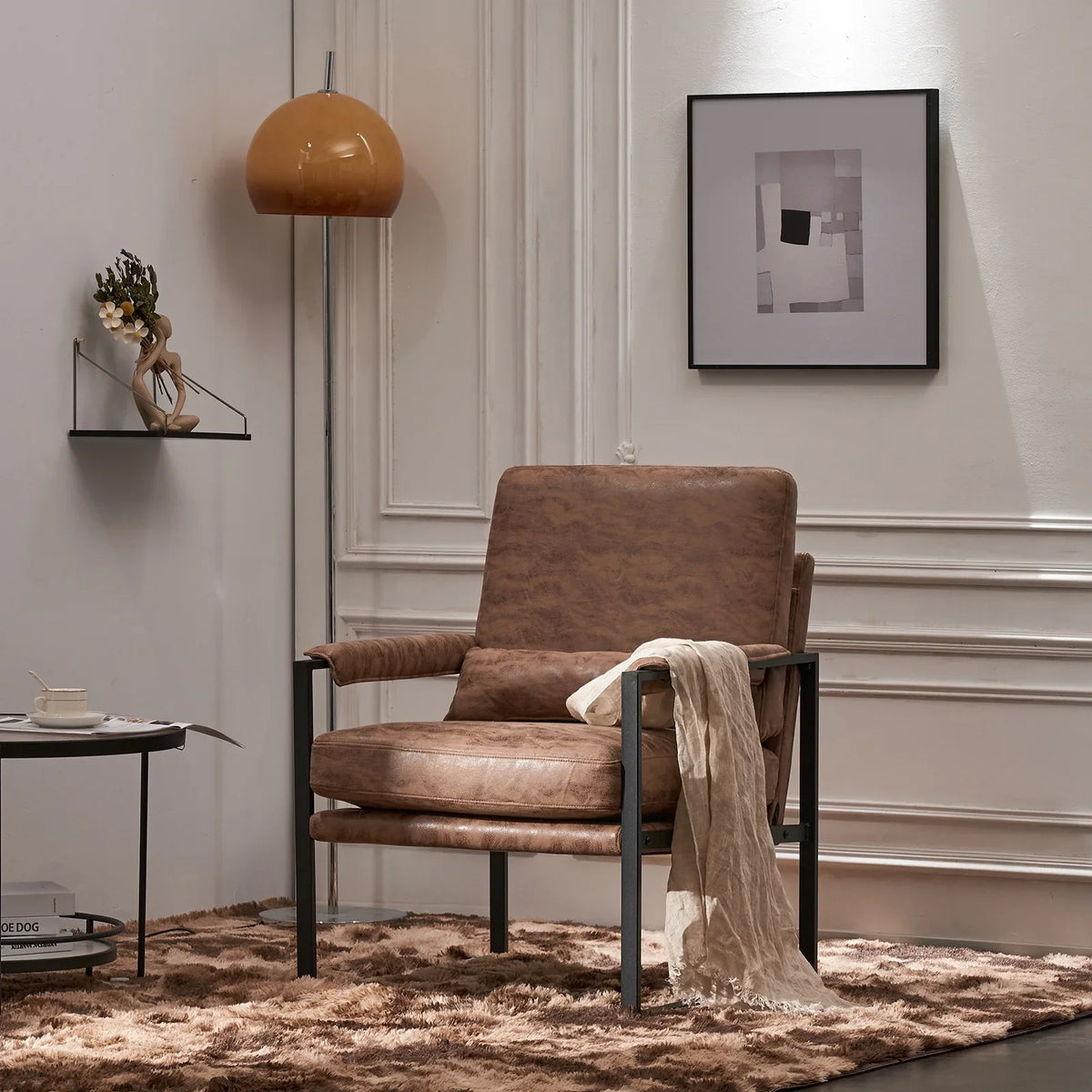 Ktaxon Accent Chair Lounge Armchair Modern Linen Fabric Upholstered Single Sofa with Black Coated Metal Frame Creamy White and Brown