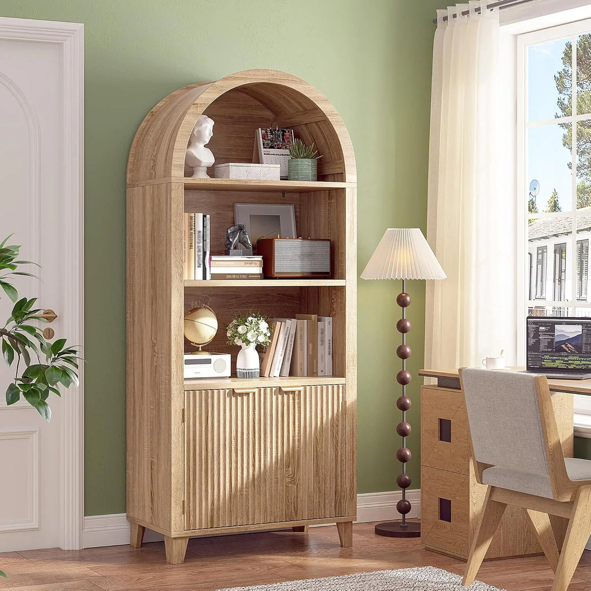Bookshelf Arched Cabinet,5-Tier Arched Bookcase with Doors and Adjustable Shelves,Wooden Storage Cabinet with Open Display Shelf for Office,Living Room"Light Oak