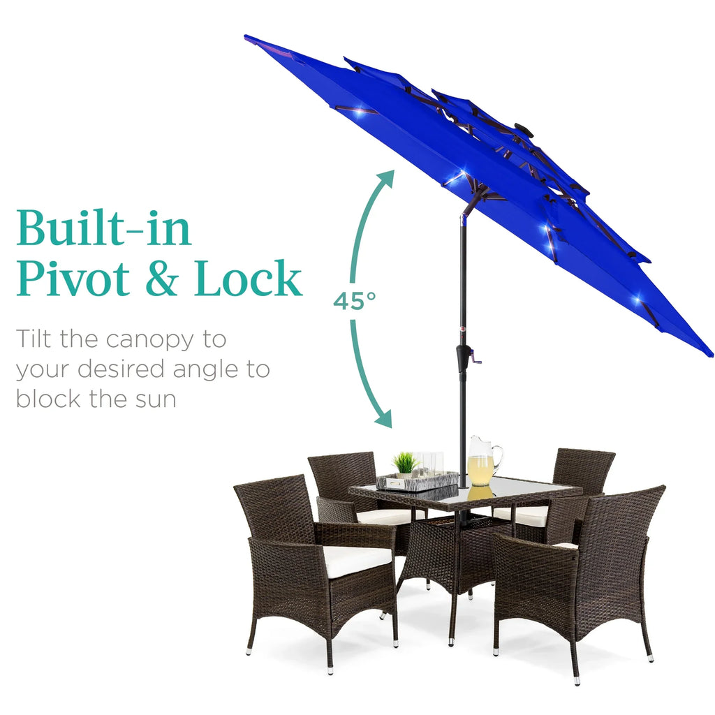 Best Choice Products 10ft 3-Tier Solar Patio Umbrella w/ 24 LED Lights, Tilt Adjustment, Easy Crank - Tan