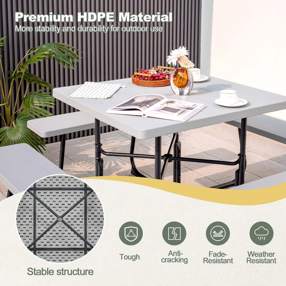 Costway Outdoor 8-person Square Picnic Table Bench Set with 4 Benches & Umbrella Hole White