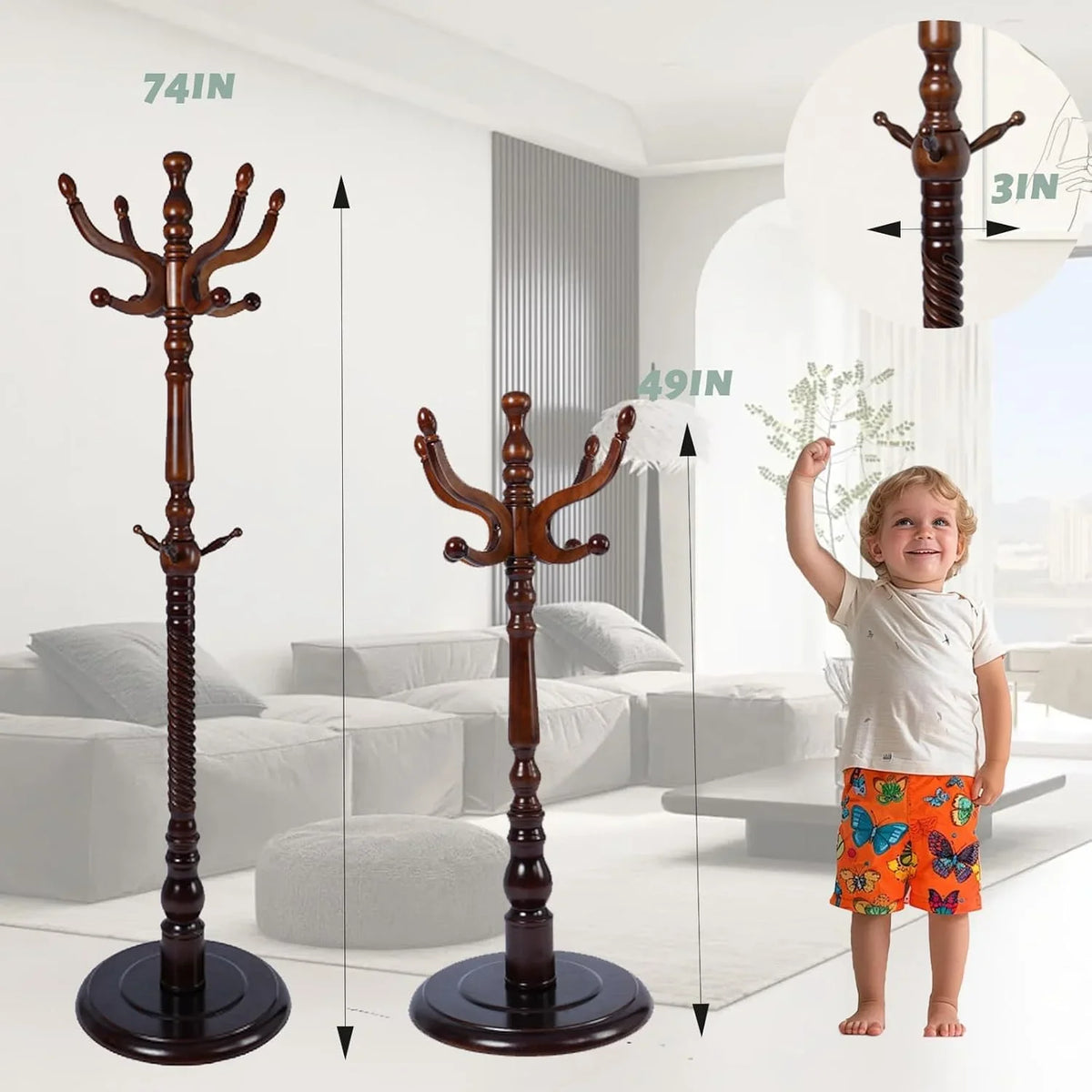 swing 73" Wooden Coat Rack Stand,Coat Racks Freestanding With 14 Hooks And Solid Round Base Heavy Duty Adjustable Height Hall Tree Coat Rack for Entryway Hallway Foyer Office Bedroomf