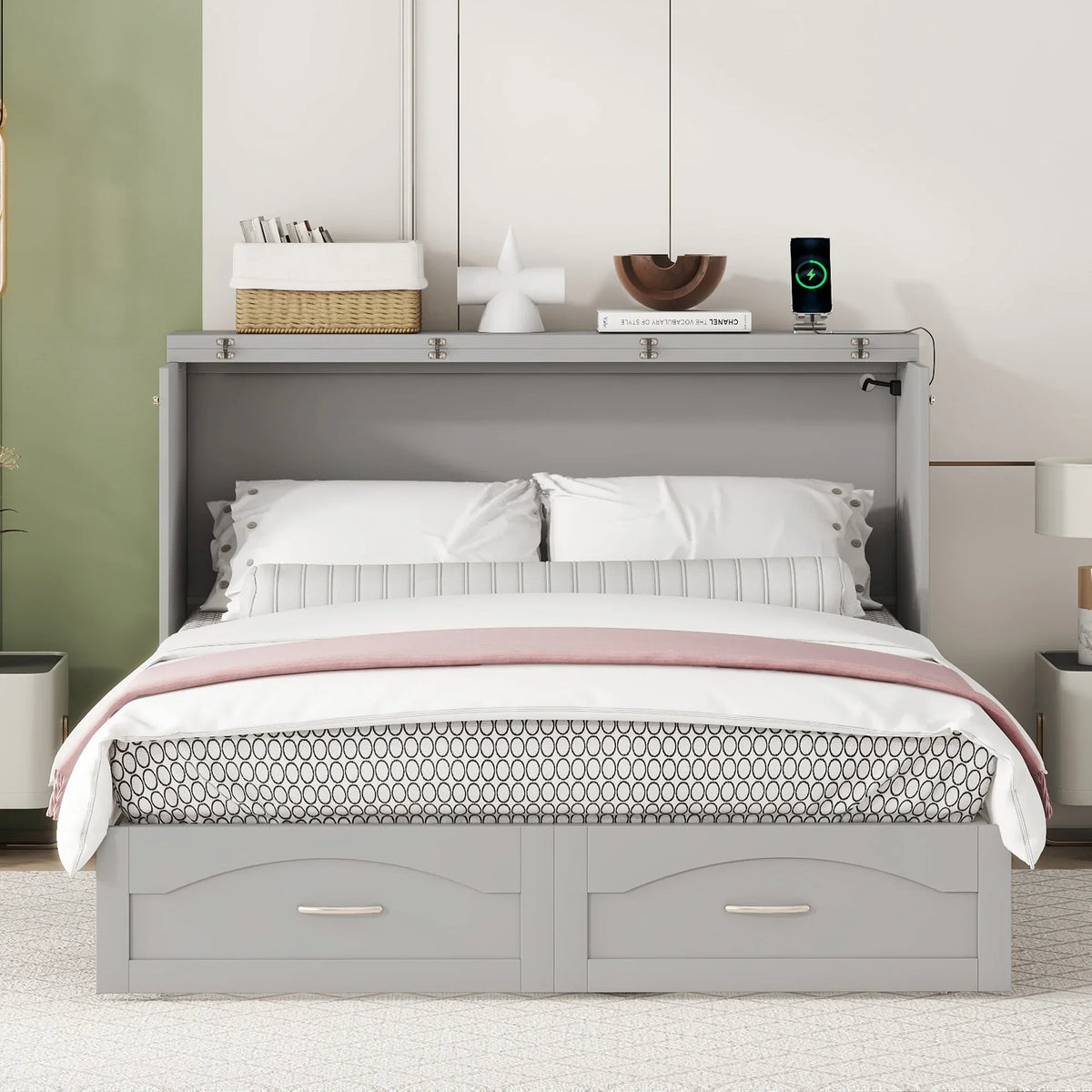 Harper & Bright Designs Full Size Murphy Bed with Shelves, Foldable Wall Bedframe w/Flexible Slats Support, Space-Saving Design, Can Be Folded Into Cabinet, White