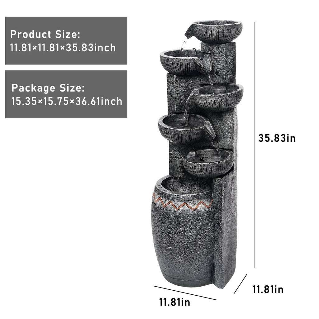 35.83''H Outdoor Indoor Garden Water Fountain 6-Tiers Modern Floor Standing Water Feature Waterfall Fountains with LED Lights for Yard Porch Deck Patio Home Decor