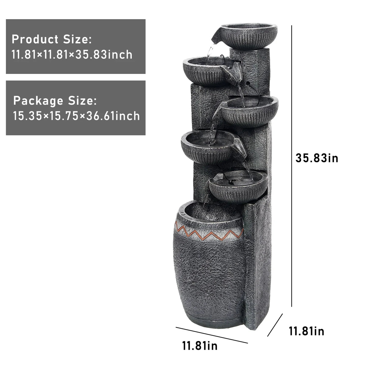 35.83''H Outdoor Indoor Garden Water Fountain 6-Tiers Modern Floor Standing Water Feature Waterfall Fountains with LED Lights for Yard Porch Deck Patio Home Decor