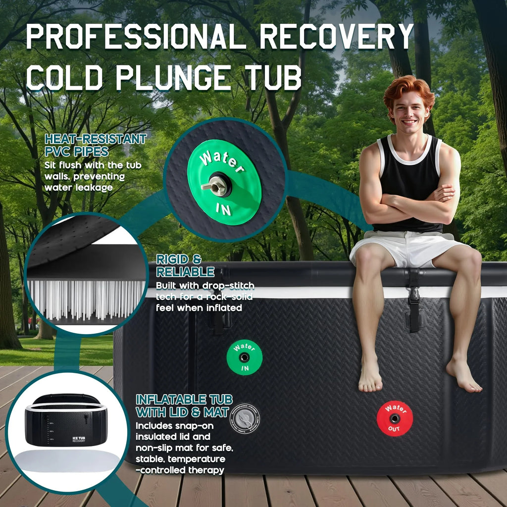 Jocisland Inflatable Cold Plunge Tub for Athletes, Ice Bath Tub with Insulated Lid Non-Slip Mat, Water Chiller Compatible, Portable for Outdoor & Indoor Recovery, 150 Gal, 59"L x 32"W x 28"H