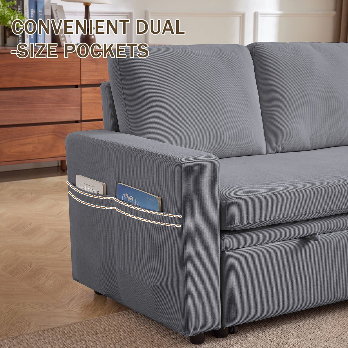 Pingliang Home Pull Out Sleeper Sofa Bed Sectional Sofa with Storage Chaise,L Shaped Sectionals Couches with Side Pockets,Modern Linen Reversible Sofa Couch for Living Room Apartment Office Studio