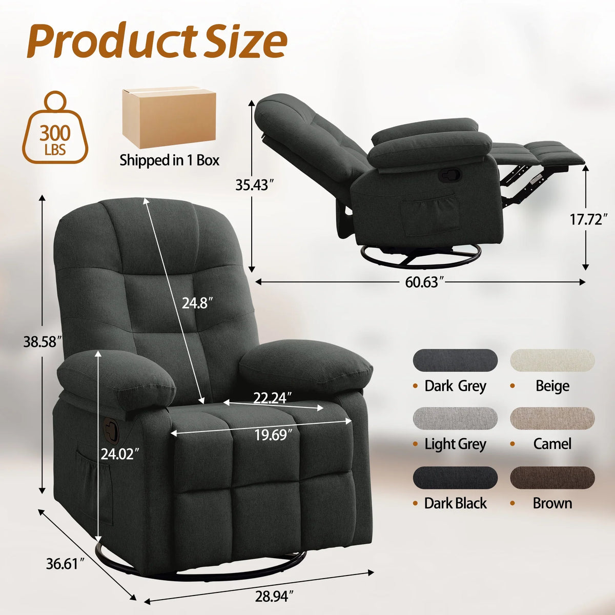 Korser Manual Swivel Rocker Recliner Chair for Living Room,Small Recliner Sofa for Small Spaces,Linen Fabric,Dark Black