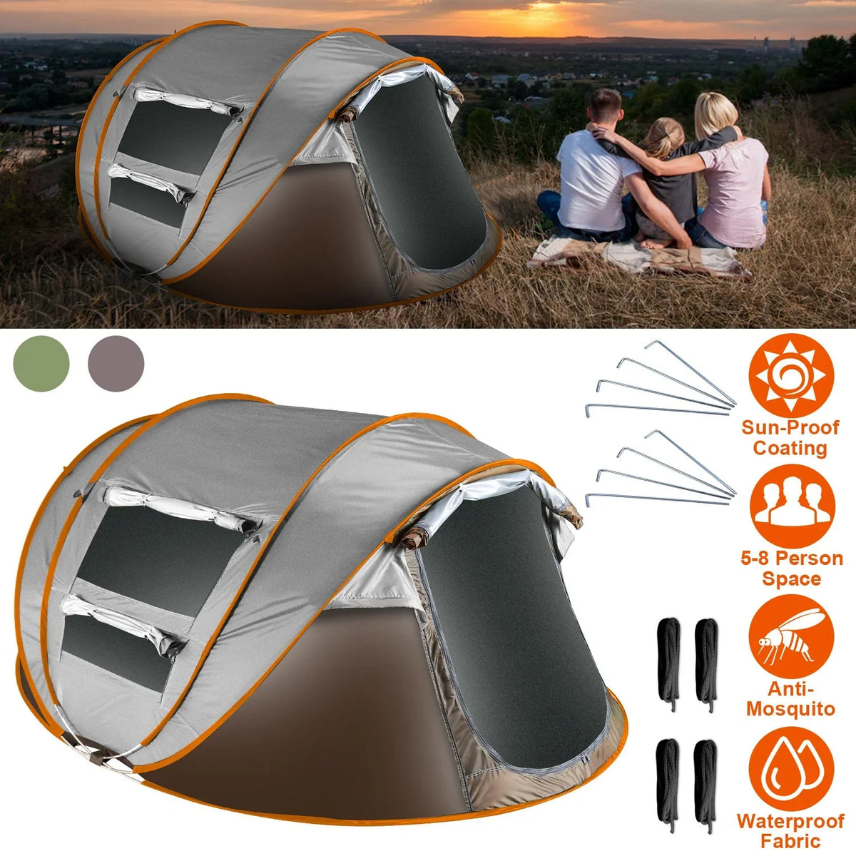 Tcbosik Easy Pop Up Tent for 5-8 Person, Automatic Setup Instant Family Tent with 2 Doors and 4 Mosquito Net Windows, Waterproof Camping Tent with Carry Bag for Hiking & Traveling, Khaki