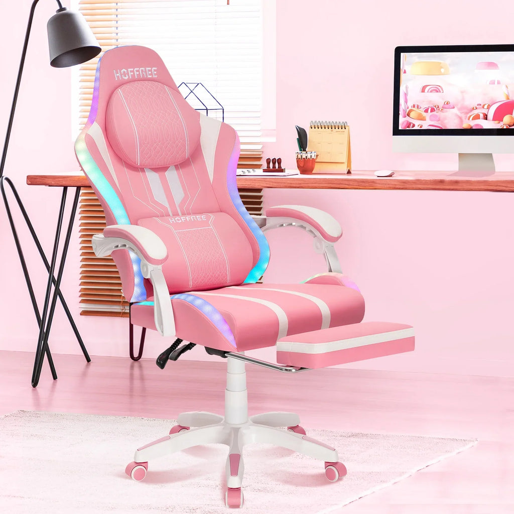 HOFFREE Big and Tall Gaming Chair with Speakers and RGB Lights, Gamer Chair with Footrest, Lumbar Support Height Adjustable 360-Swivel Seat and Headrest for Adults, 400lbs