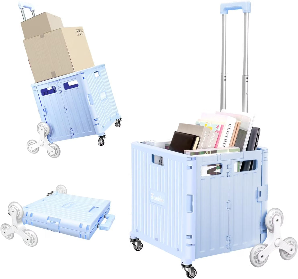 Collapsible Rolling Crate for Stair Climbing: Rolling Cart for Shopping Teacher Laundry (Milky White)