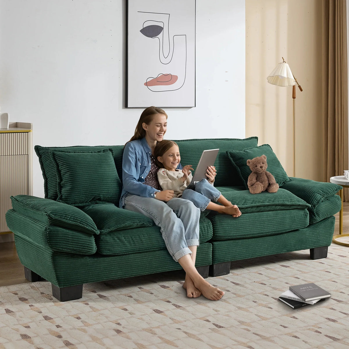 Dinosisco 84"L Deep Seat Sofa, Corduroy Upholstered Sleeper Couch for Living Room, Pink