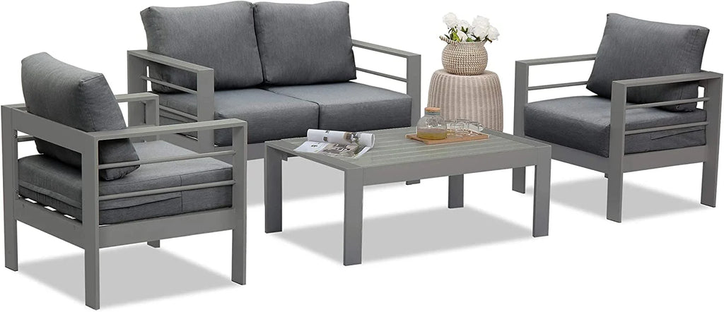 Superjoe Outdoor 3 Seats Patio Aluminum Sofa Furniture, Couch Gray Metal Chair with Cushions, Dark Grey