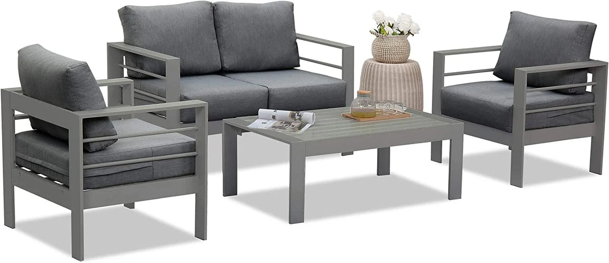 Superjoe Outdoor 3 Seats Patio Aluminum Sofa Furniture, Couch Gray Metal Chair with Cushions, Dark Grey