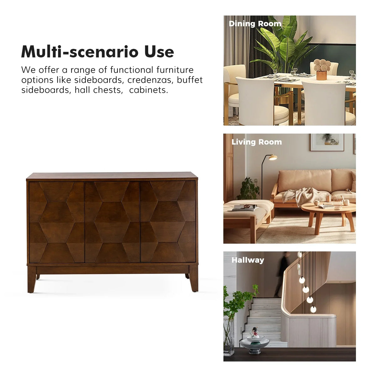 Wooden 45" Sideboard Buffet Cabinet 2 Doors with Adjustable Shelves Living Room Entryway Bedroom Walnut