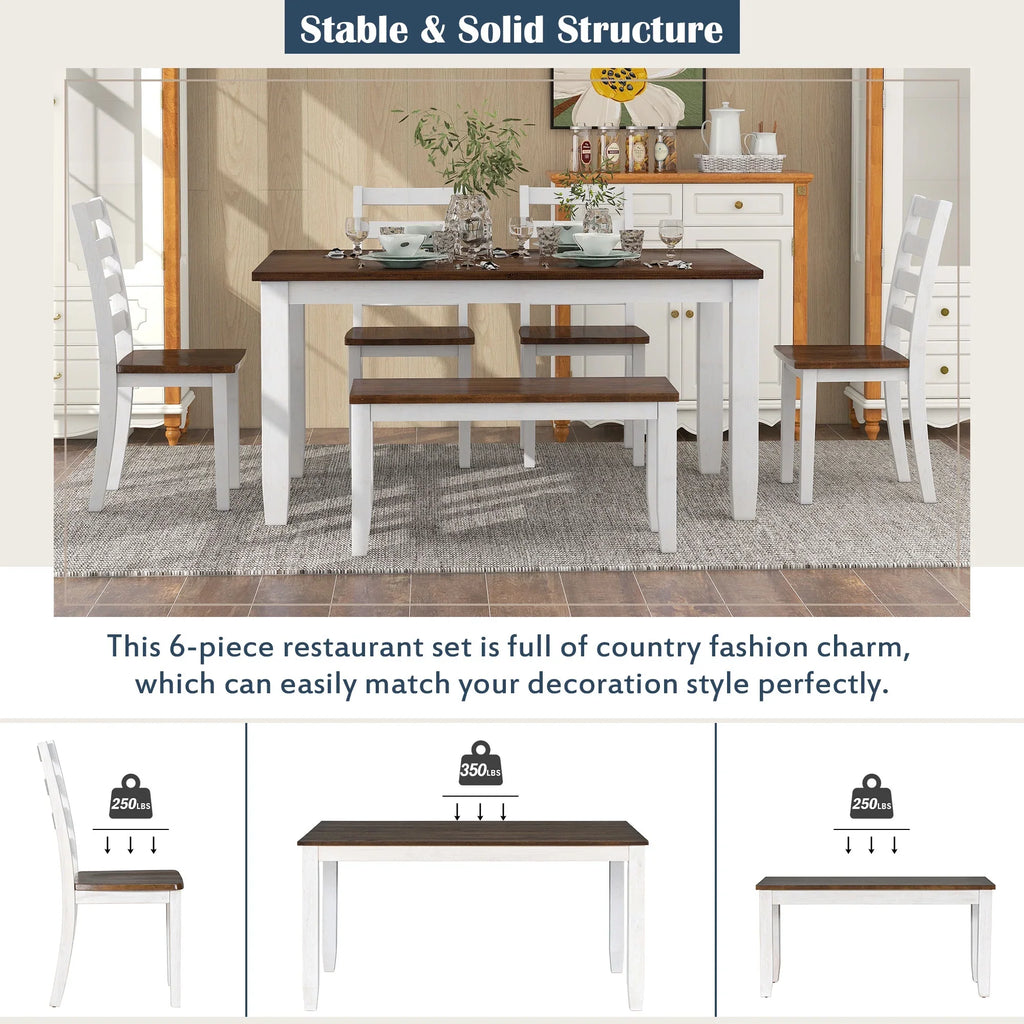 Rustic Dining table Set for 6, Wooden Rectangular Kitchen Dining Table with 4 Upholstered Dining Chairs and 1 Padded Bench, Dining Set with 4 Chairs, Dining Set for 6, Brown+Whitewash