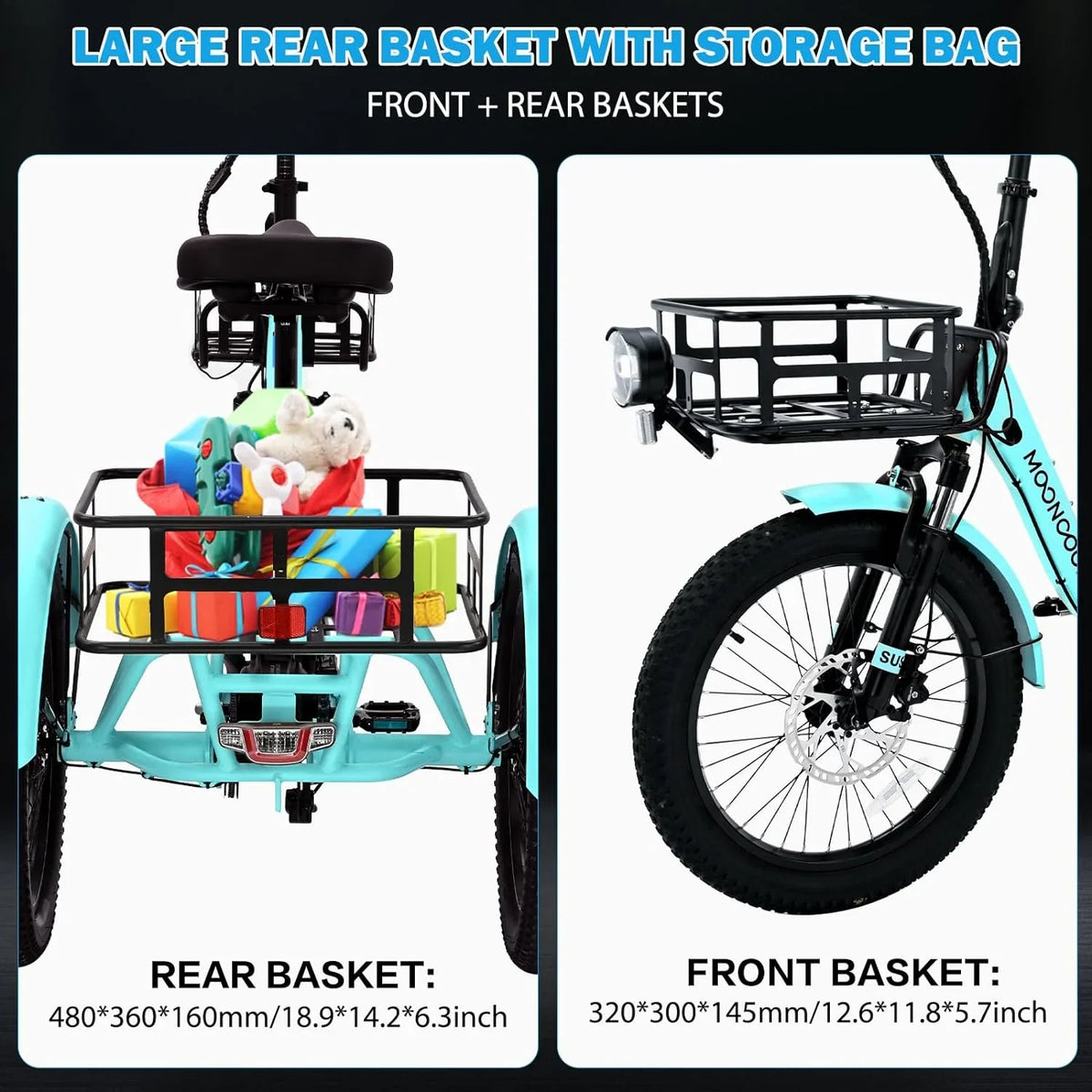 MOONCOOL TK1 Folding Electric Tricycle for Adults,48V 14.5Ah Removable battery, 500W"Peak 1000w"Motor, 20" Fat Tire Step-Thru 3Wheel Electric Bicycle w/Front&Rear Baskets, Certified to UL 2849 by SGS