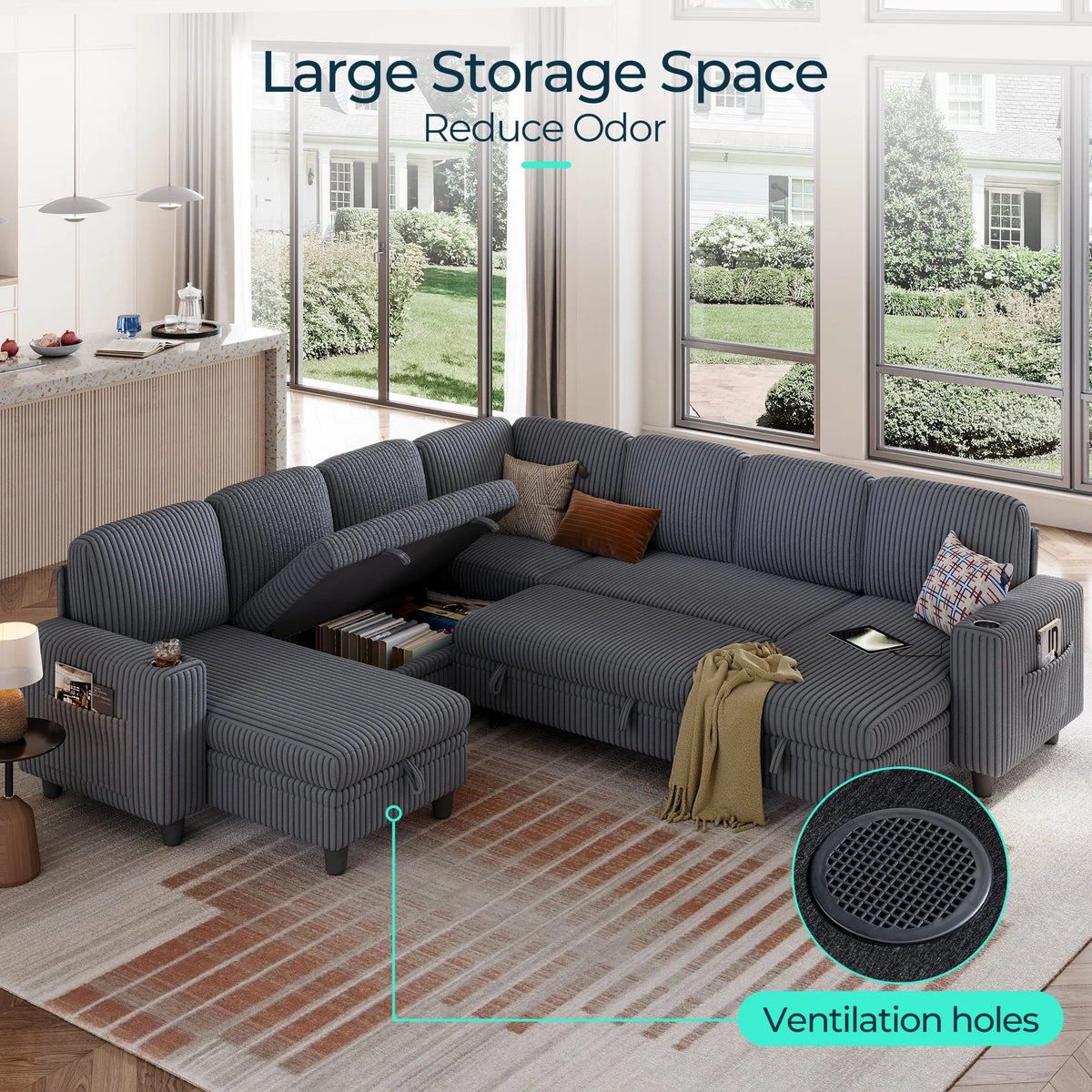 Linsy Home Storage Sectional Sleeper Sofa with Pull Out Bed, 9 Seat Modular Sectional Sofa with with USB & Cup Holder, Plush Corduroy Sectional Couches for Living Room, Green
