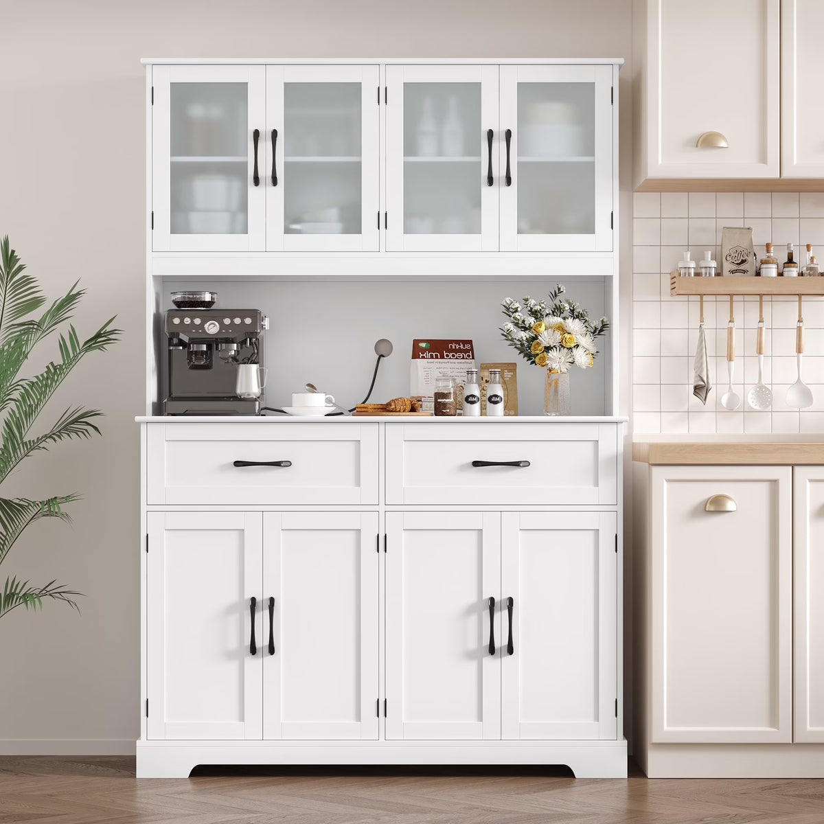Homfa 71'' Tall 2 Drawer Kitchen Pantry Buffet Hutch, 4 Door Freestanding Cupboard Storage Cabinet, White