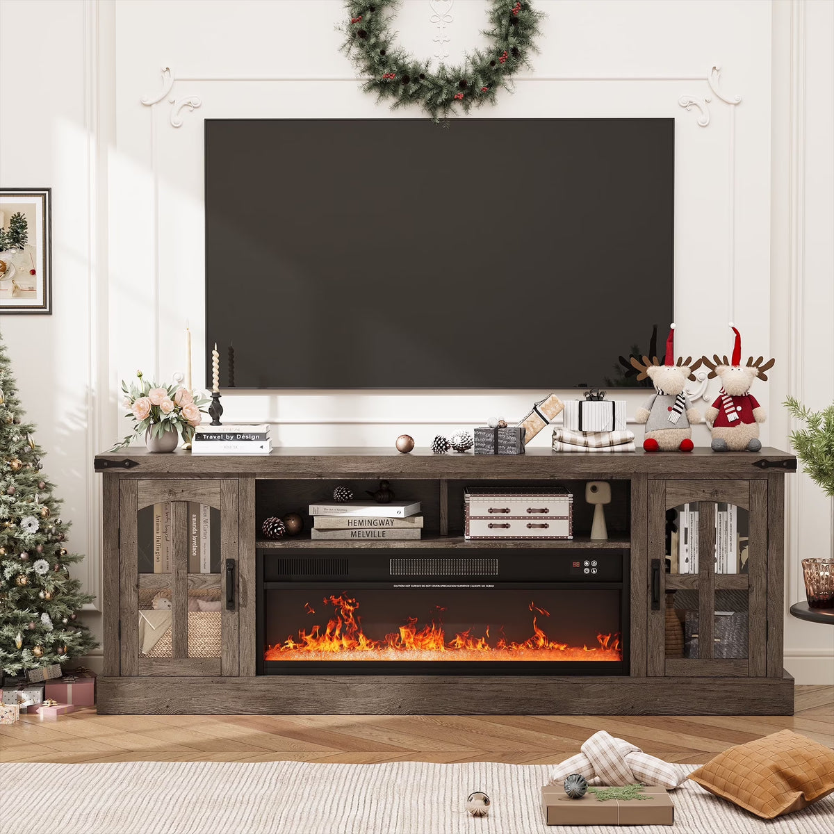 Planntonneo Mid-Century Modern Fluted TV Stand Wooden Media Console Entertainment Center for Living Room, Walnut Color