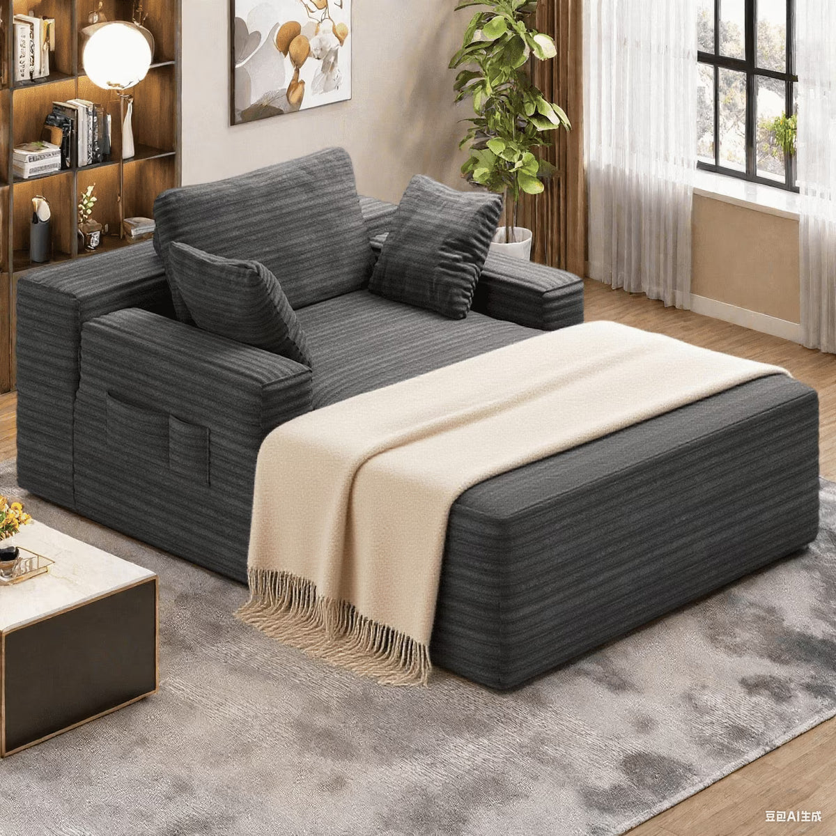 Lofka Oversized Chaise Lounge Indoor, 66"D Corduroy Upholstered Boneless Sofa Bed for Reading on Living Room & Bedroom, No Assembly Required (Beige)