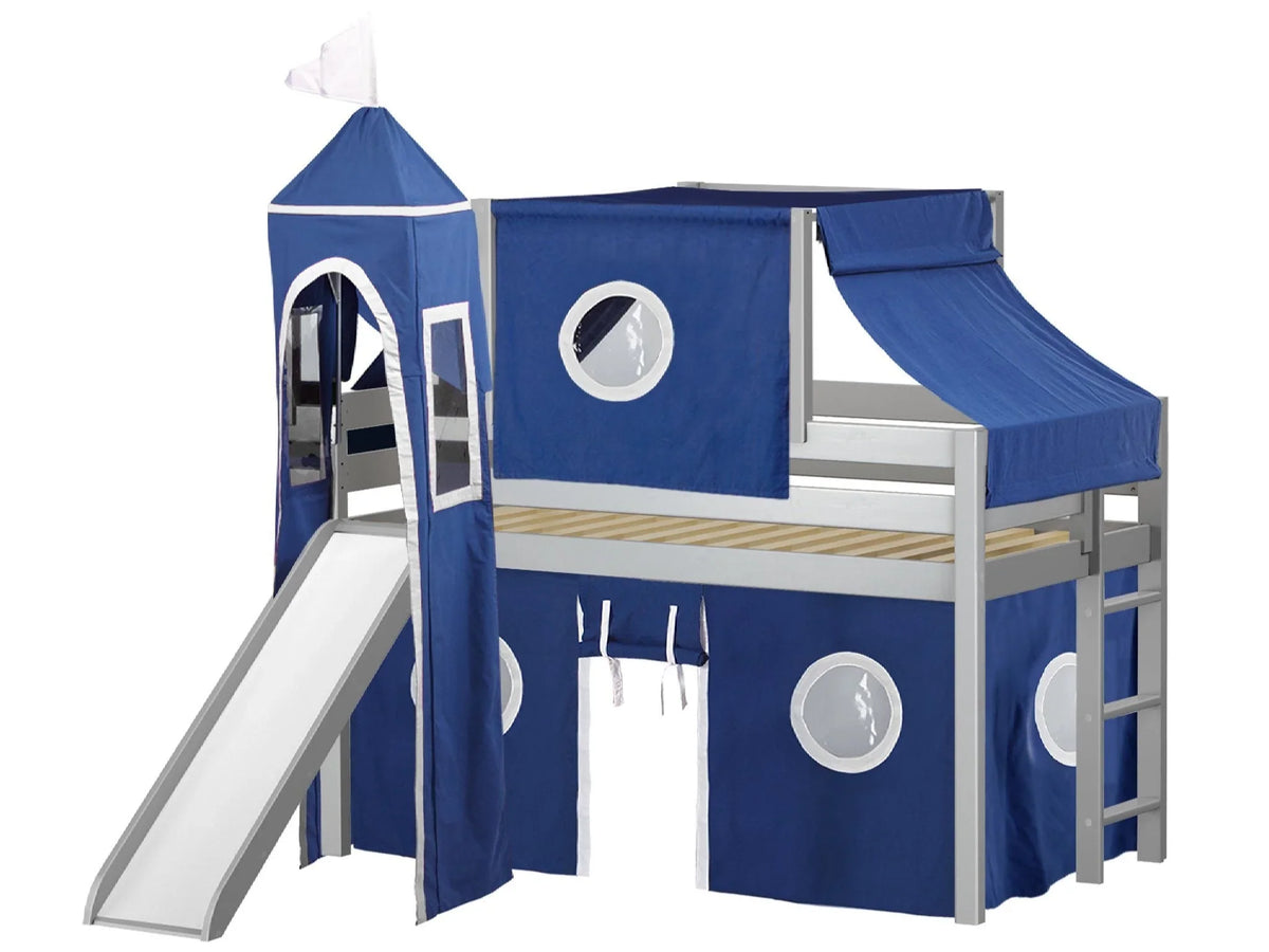 JACKPOT! Castle Low Loft Bed with Slide, Red Yellow and Blue Tent and Tower, Twin, Cherry