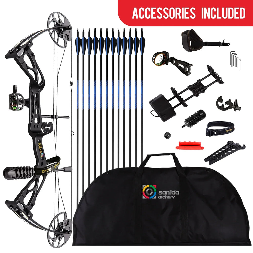 Sanlida DragonX8 RTH Compound Bow Package, Black, Adjustable 18"-31" Draw Length, 0-70lbs Draw Weight, 310 FPS