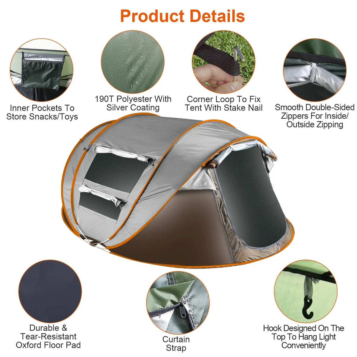 Tcbosik Easy Pop Up Tent for 5-8 Person, Automatic Setup Instant Family Tent with 2 Doors and 4 Mosquito Net Windows, Waterproof Camping Tent with Carry Bag for Hiking & Traveling, Khaki