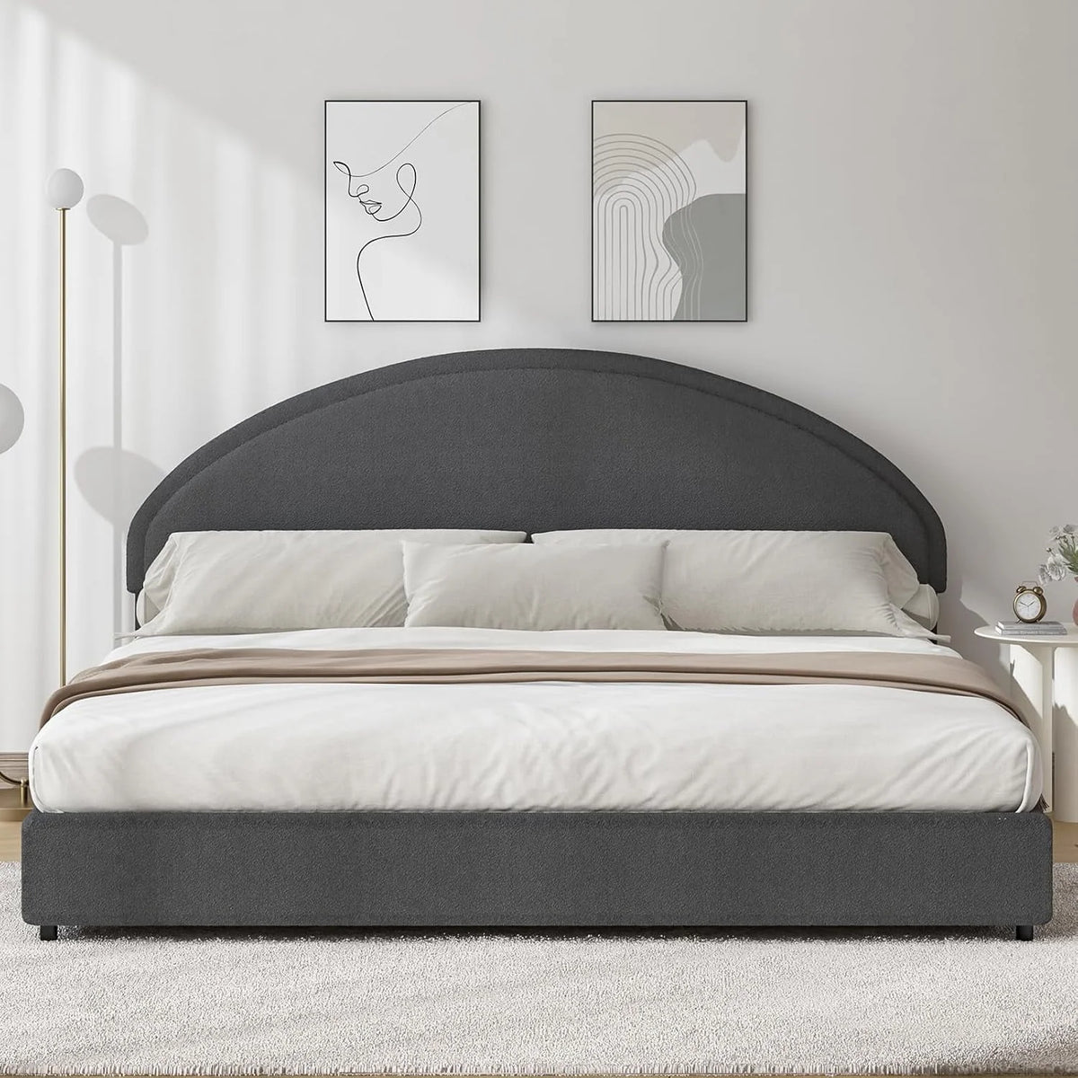 4 EVER WINNER Queen Size Bed Frame, Boucle Upholstered Bed Frame with Headboard, White Queen Bed Frame, White