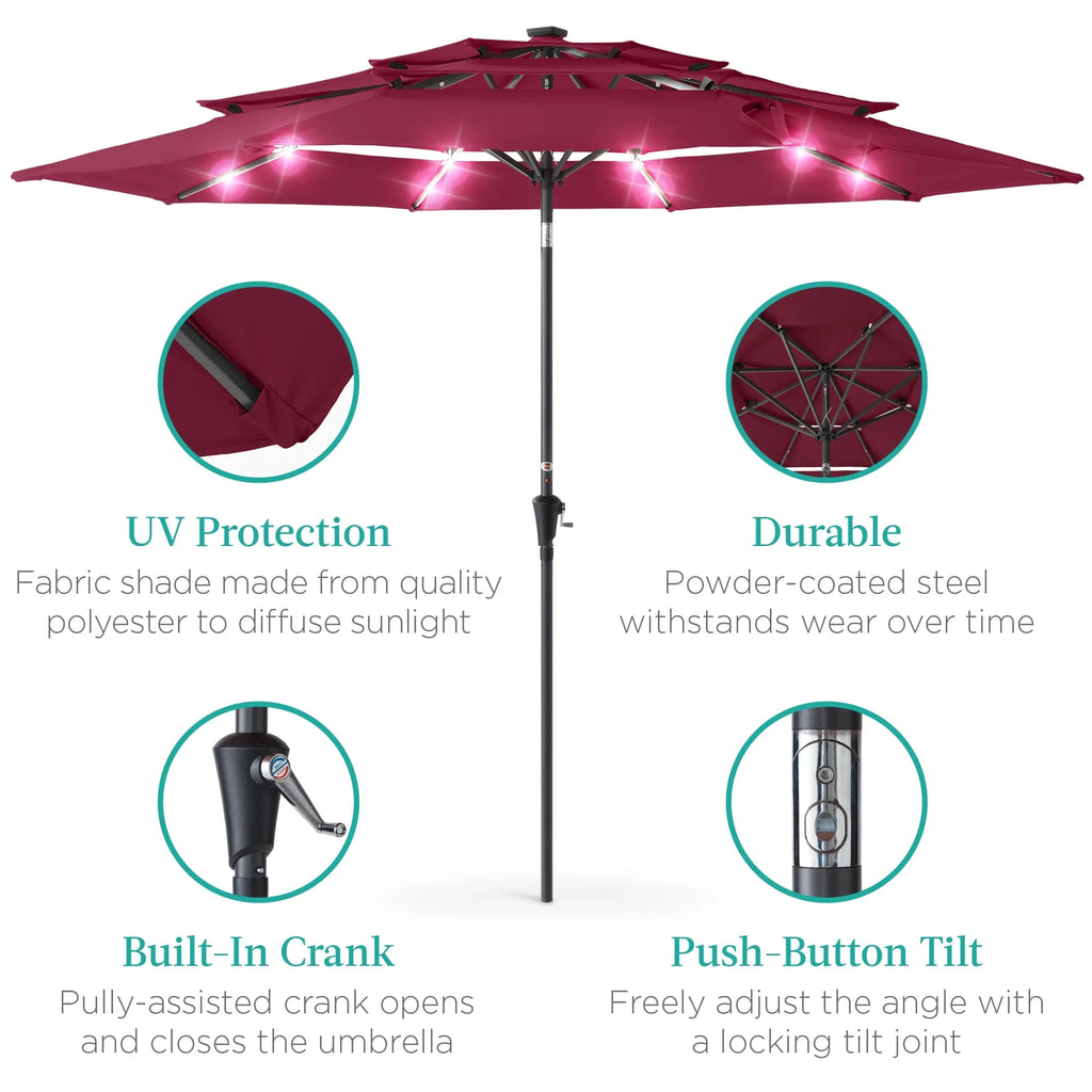 Best Choice Products 10ft 3-Tier Solar Patio Umbrella w/ 24 LED Lights, Tilt Adjustment, Easy Crank - Tan