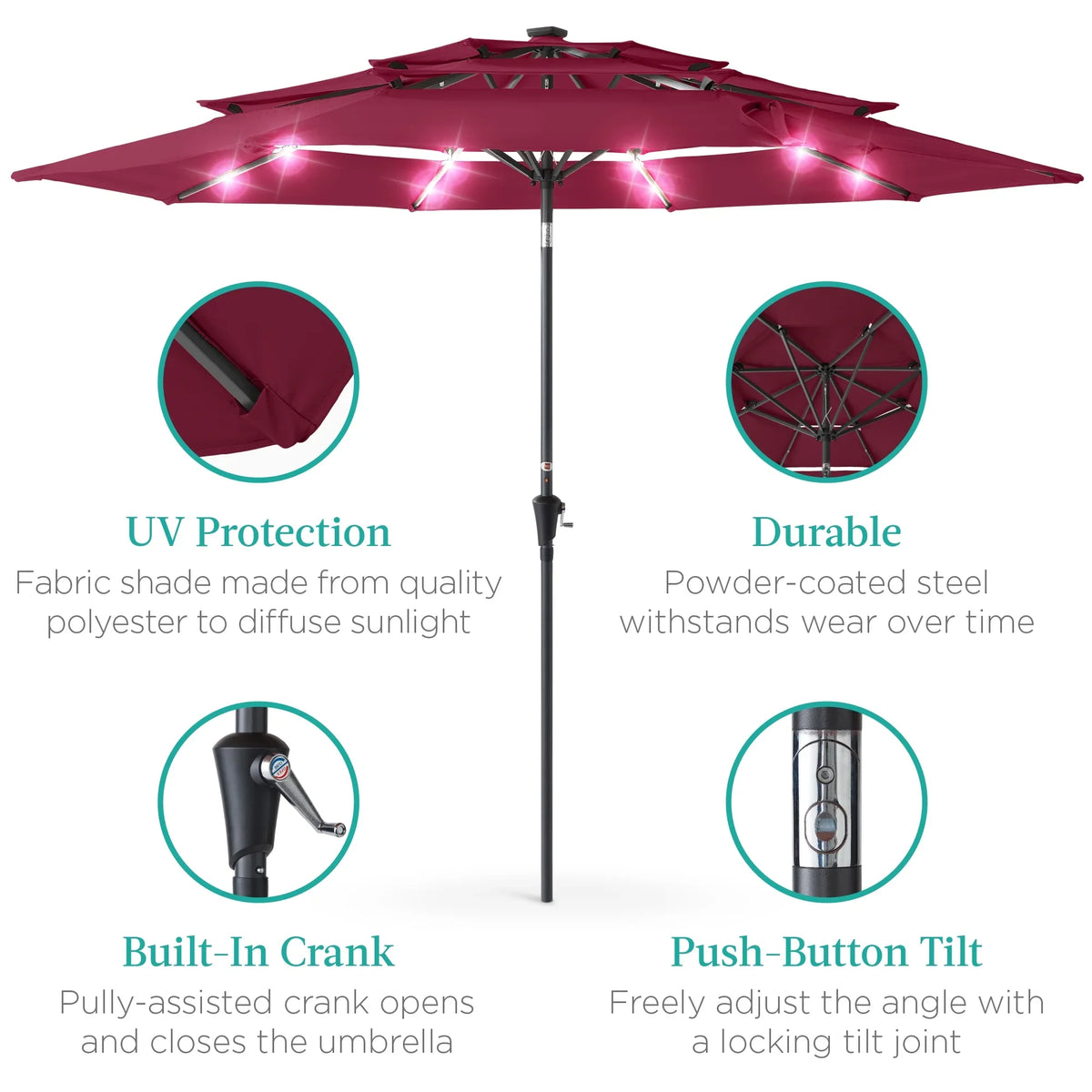 Best Choice Products 10ft 3-Tier Solar Patio Umbrella w/ 24 LED Lights, Tilt Adjustment, Easy Crank - Tan