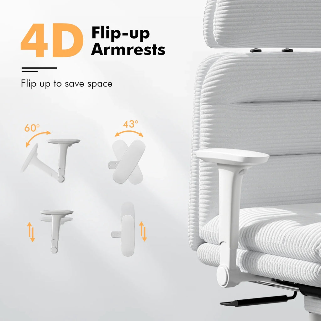 Solfway Criss Cross Chair with Wheels & Flip-up Arms, Executive Office Chair with Foot Rest, Swivel Cross Legged Office Chair, White Corduroy Fabric Comfy Computer Desk Chair, Vanity Chair for Home
