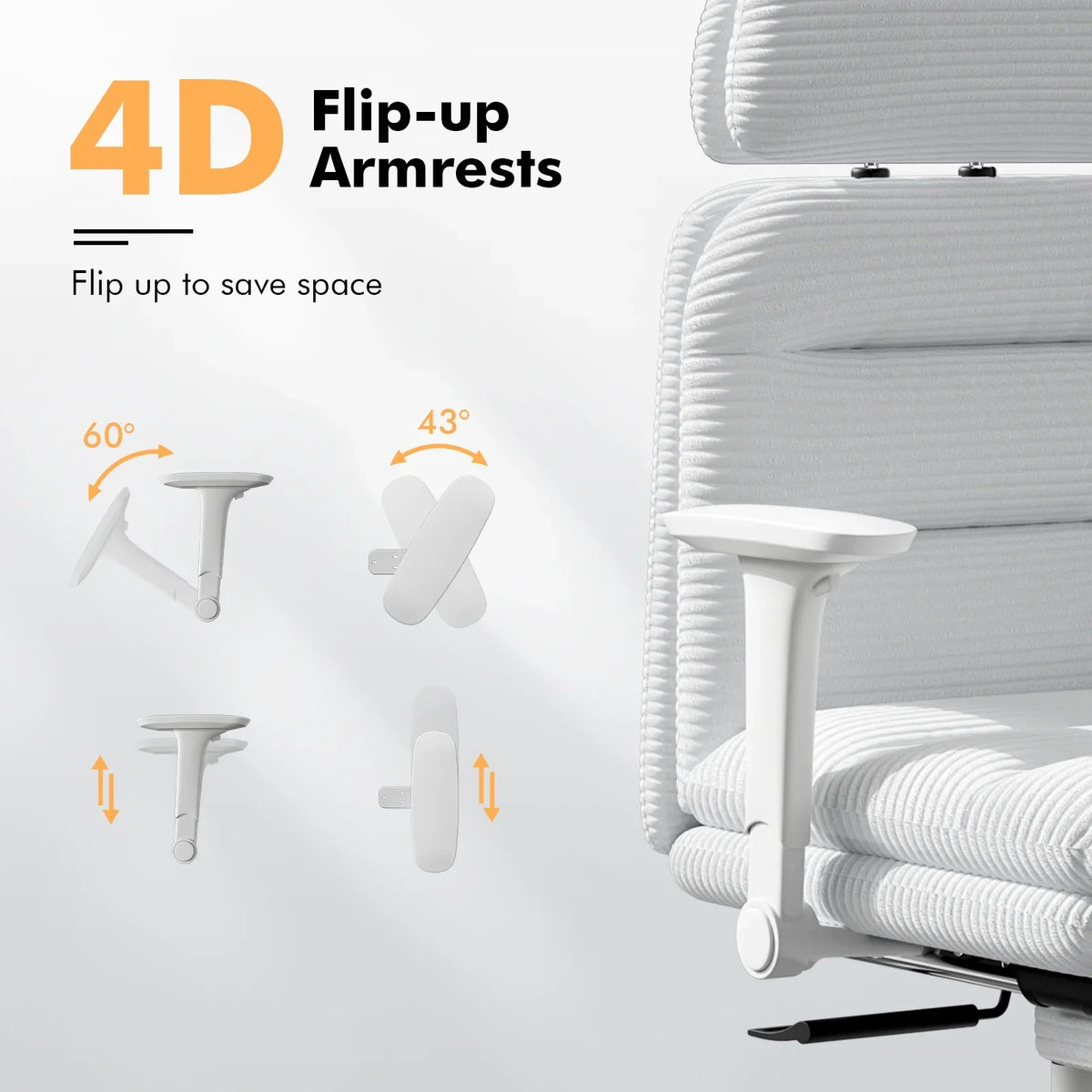 Solfway Criss Cross Chair with Wheels & Flip-up Arms, Executive Office Chair with Foot Rest, Swivel Cross Legged Office Chair, White Corduroy Fabric Comfy Computer Desk Chair, Vanity Chair for Home