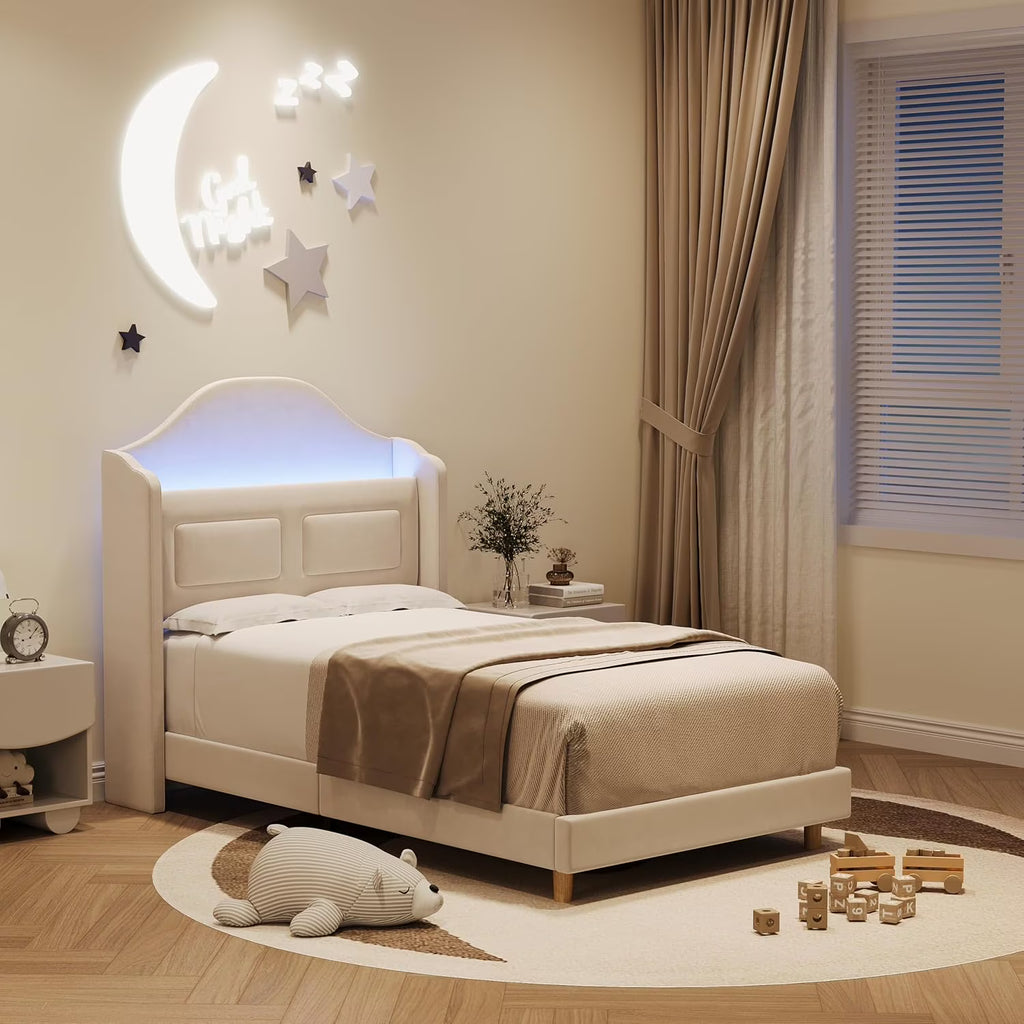 BouPower Twin Size Bed Frame with LED Lights,Platform Bed with Wing Back Storage Headboard,Upholstered Twin Bed,No Box Spring Needed,Easy Assembly