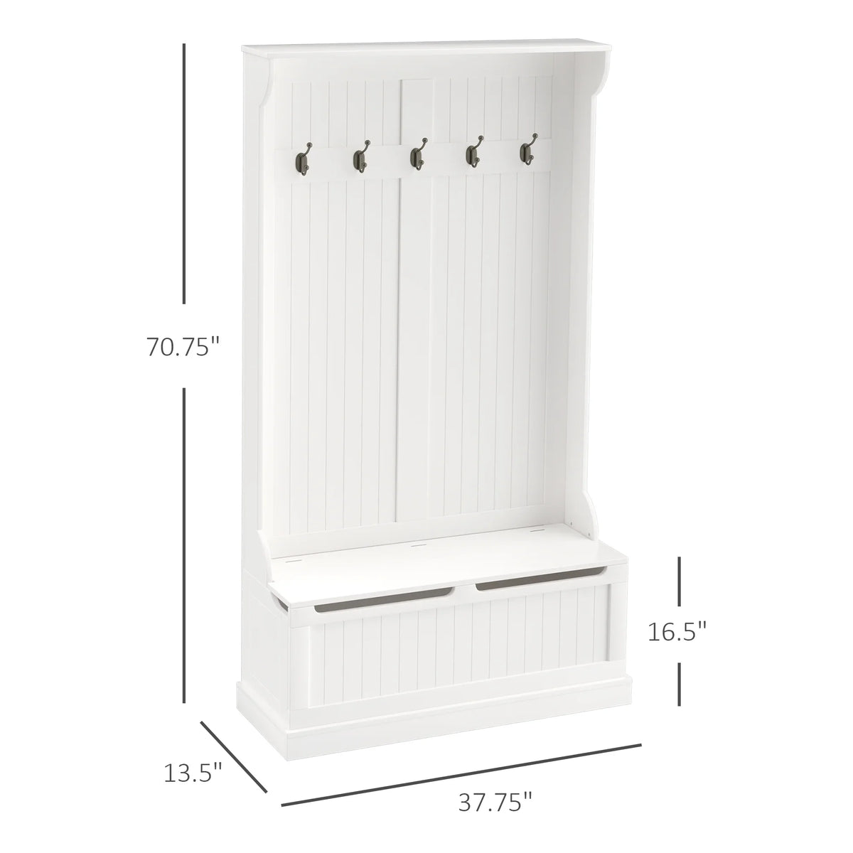 HOMCOM 3-In-1 Hall Tree Storage Bench and Coat Rack with 5 Steel Double Hooks, and Anti-Topple Anchor for Entryway, Cream White