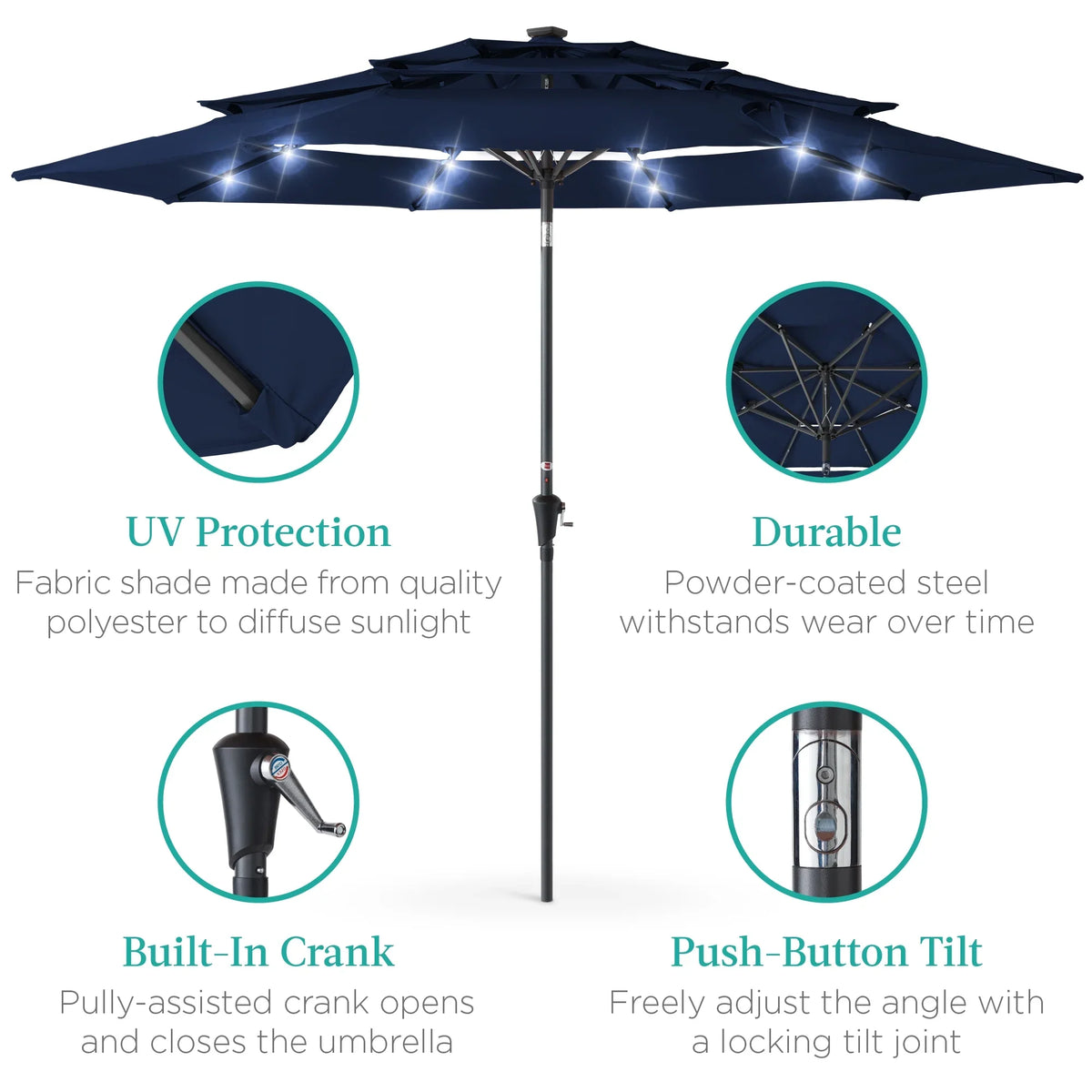 Best Choice Products 10ft 3-Tier Solar Patio Umbrella w/ 24 LED Lights, Tilt Adjustment, Easy Crank - Tan