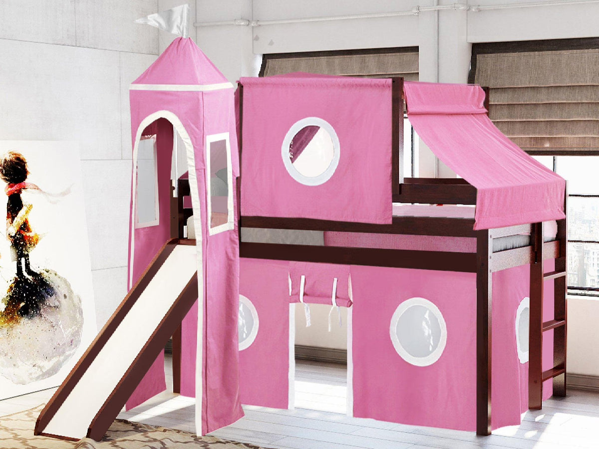 JACKPOT! Castle Low Loft Bed with Slide, Red Yellow and Blue Tent and Tower, Twin, Cherry