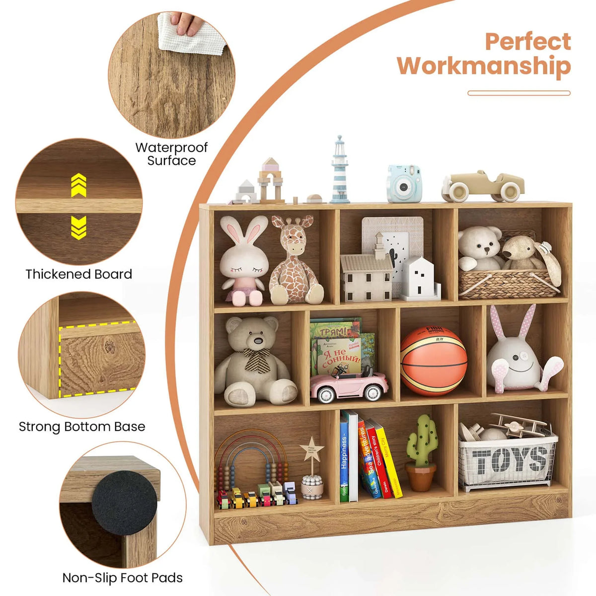 Costway 10-Cube Bookcase for Kids 41"Wooden Toy Storage Organizer for Kid’s Room White