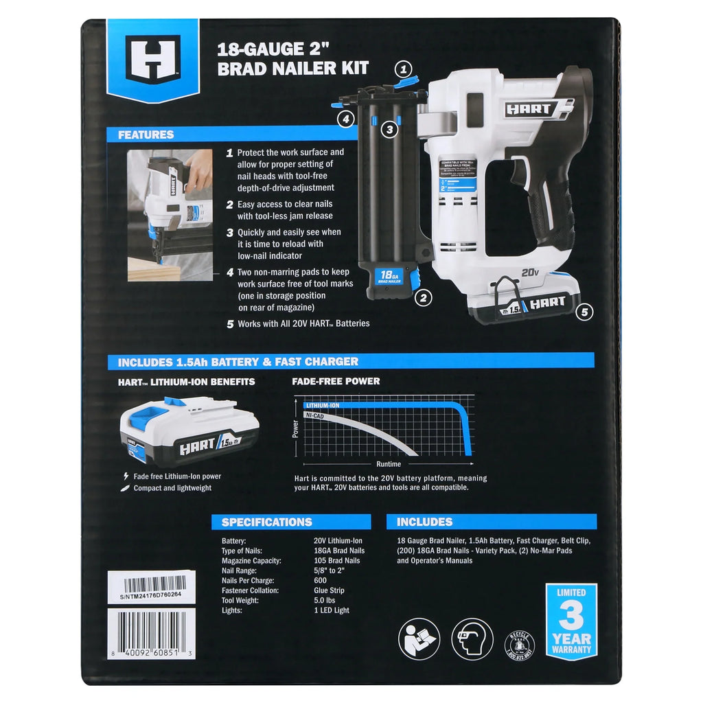 HART 20-Volt 2-inch 18-Gauge Battery-Powered Brad Nailer Kit, (1) 1.5Ah Lithium-Ion Battery