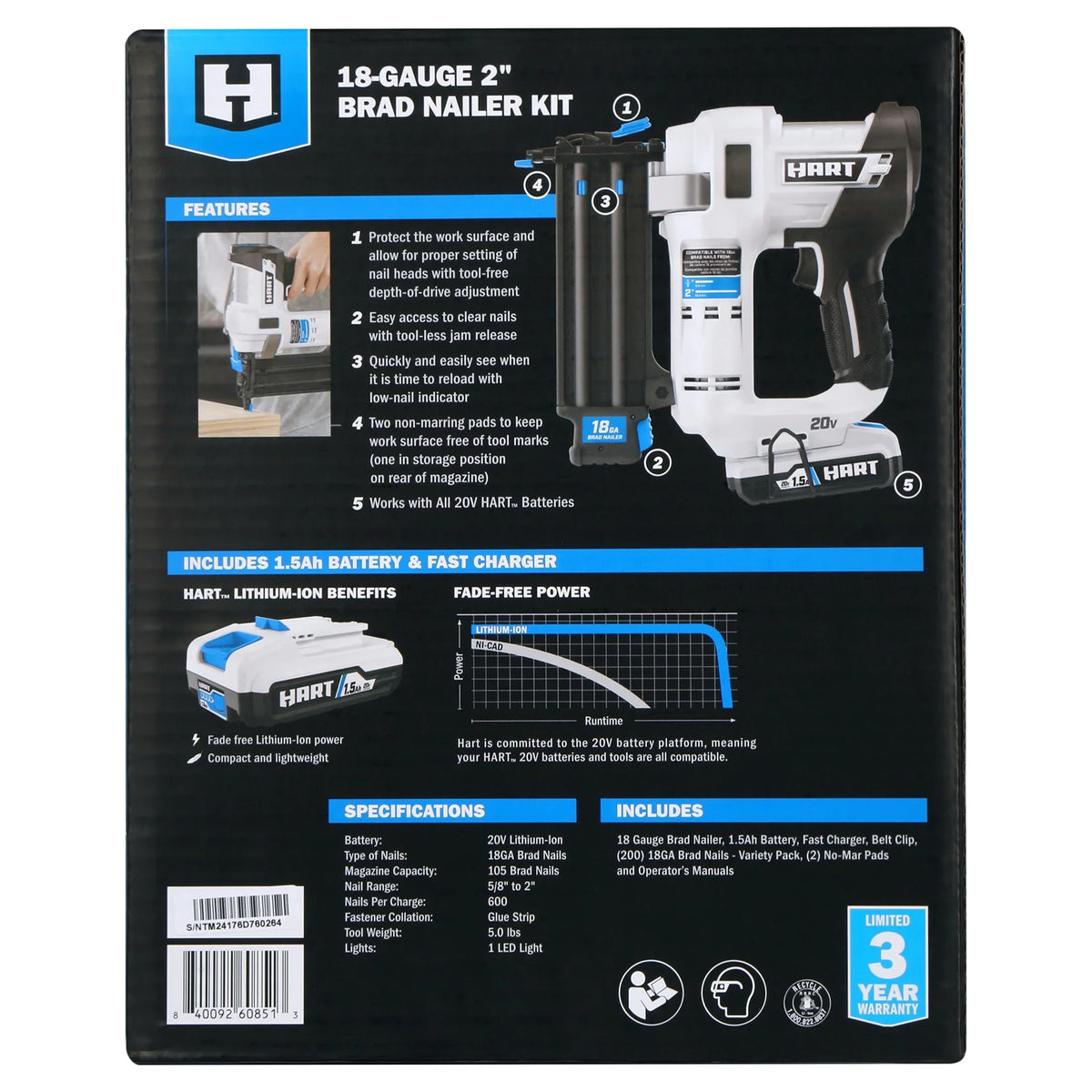HART 20-Volt 2-inch 18-Gauge Battery-Powered Brad Nailer Kit, (1) 1.5Ah Lithium-Ion Battery