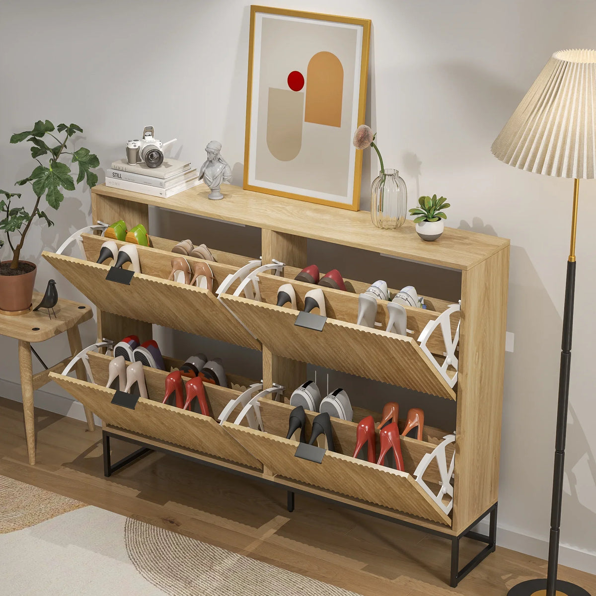 Oubayajia Modern Shoe Storage Cabinet, Wood Shoe Rack Organizer with 2 Flip Drawers, Freestanding Narrow Shoe Cabinet for Entryway Hallway, Natural