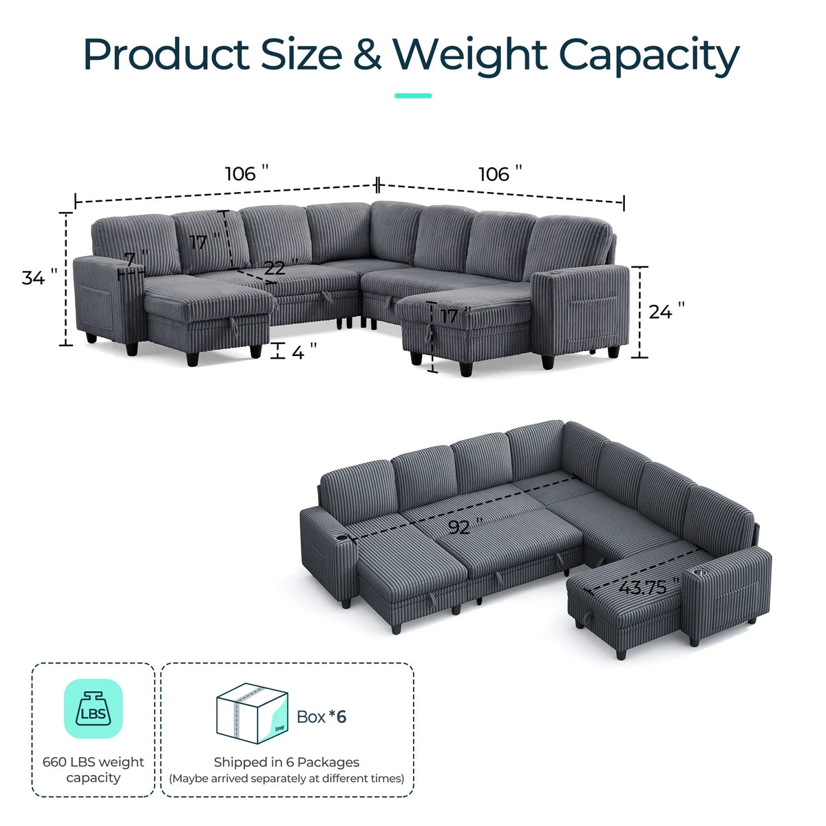 Linsy Home Storage Sectional Sleeper Sofa with Pull Out Bed, 9 Seat Modular Sectional Sofa with with USB & Cup Holder, Plush Corduroy Sectional Couches for Living Room, Green