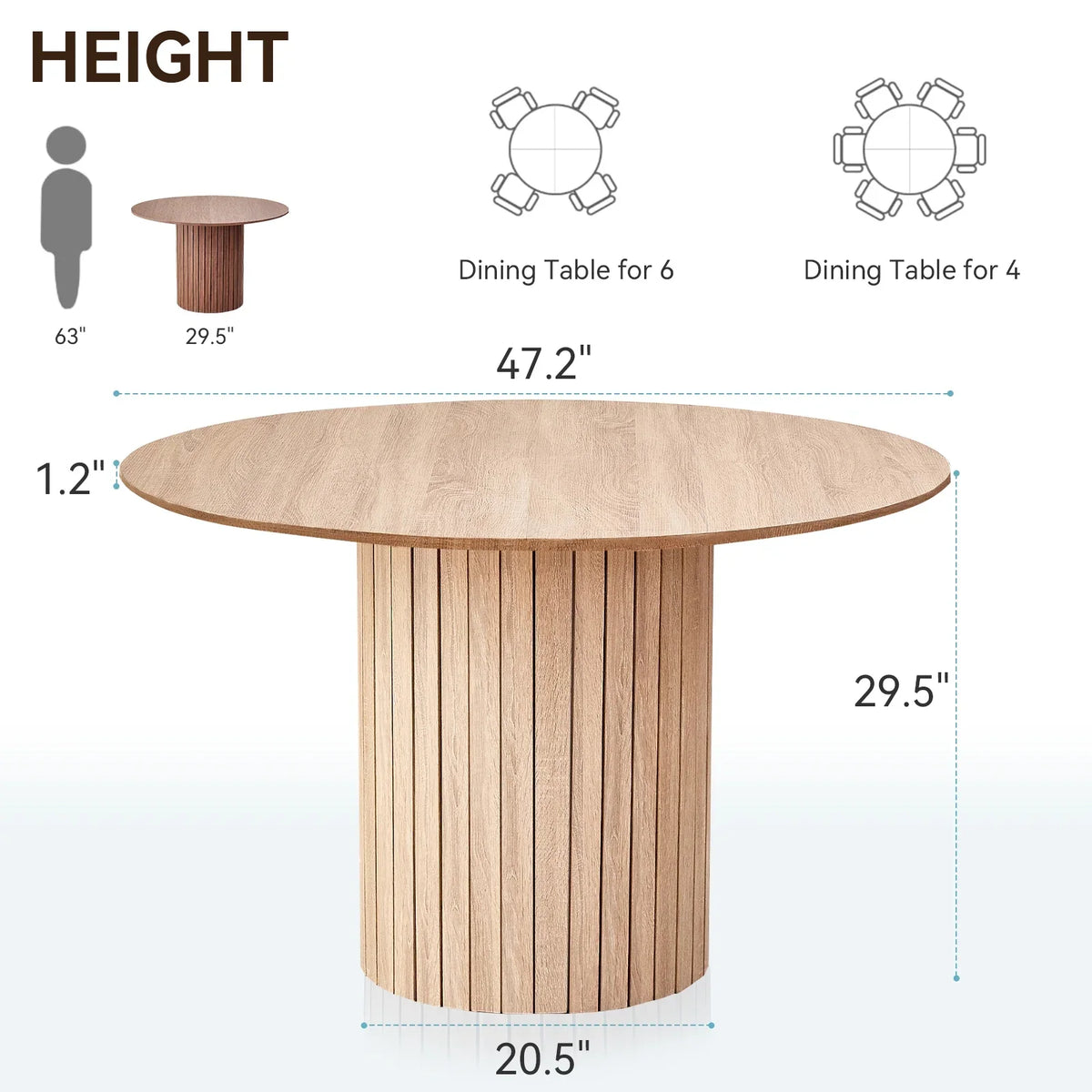 47 inches Modern Round Dining Table, Wood Kitchen Table for 4 with Two-part Tabletop and Wooden Strip Columns Base, Farmhouse Table for Kitchen, Dinning Room, Oak