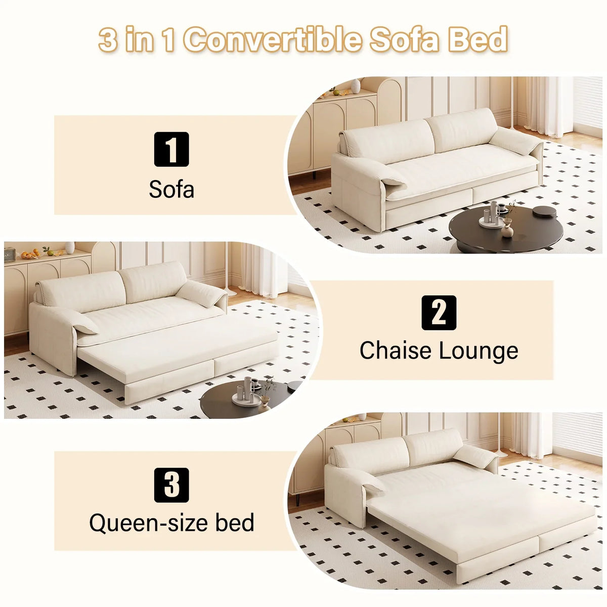 66" Queen Pull Out Sofa Bed, 3-in-1 Convertible Sleeper Sofa with Side Storage,Multi-Functional Velvet Loveseat Bed for Living Room,Bedroom