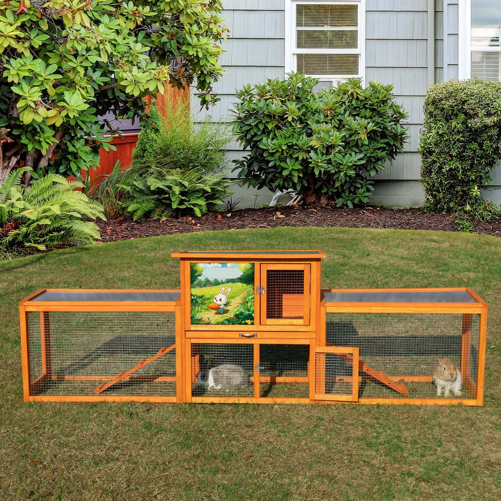 COZIWOW 94'' Wooden Large Rabbit Hutch with Pull Guinea Pig House Chincken Coop Gray