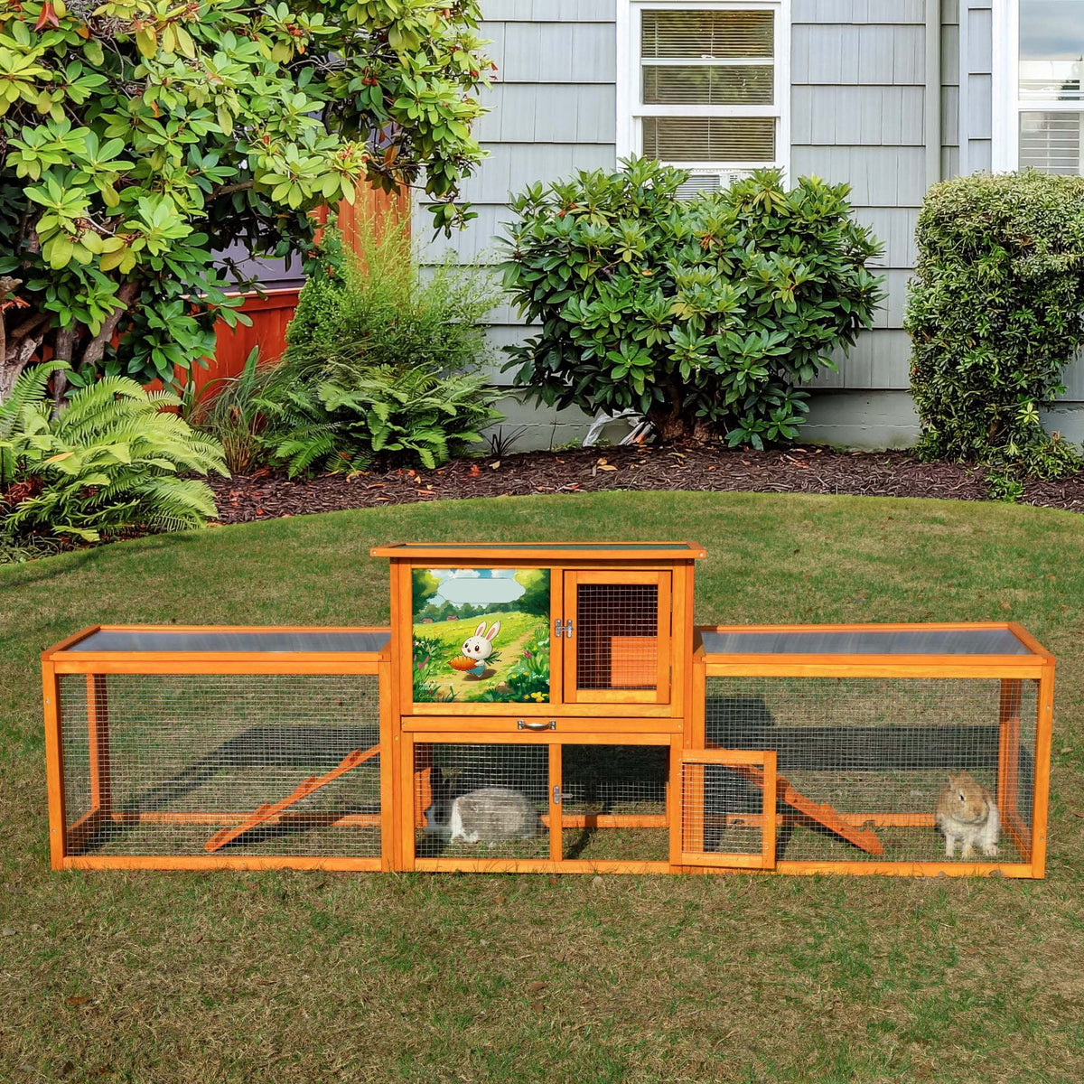 COZIWOW 94'' Wooden Large Rabbit Hutch with Pull Guinea Pig House Chincken Coop Gray