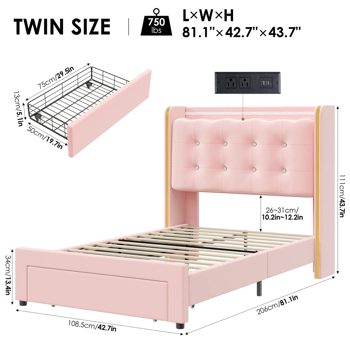 Homfa Twin Size LED Bed Frame with Drawer, Velvet Crystal Button Upholstered Platform Bed Frame with Outlets and USB Ports & Display Platform, No Box Spring Needed, Pink