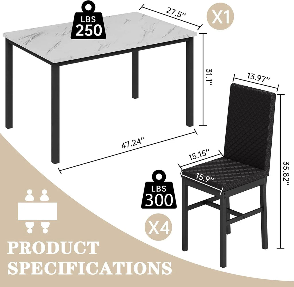 Baxluxe Dining Table Set for 4, Modern 5 Piece Dining Table Set, Faux Marble Kitchen Table and 4 Velvet Upholstered Chairs for Apartments, Dining Rooms, Small Spaces, Gray